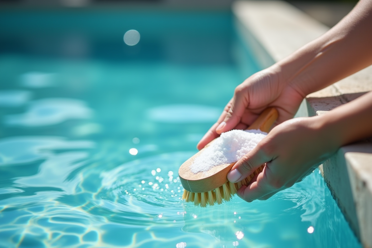 Main nettoyant le bord de la piscine avec bicarbonate et brosse