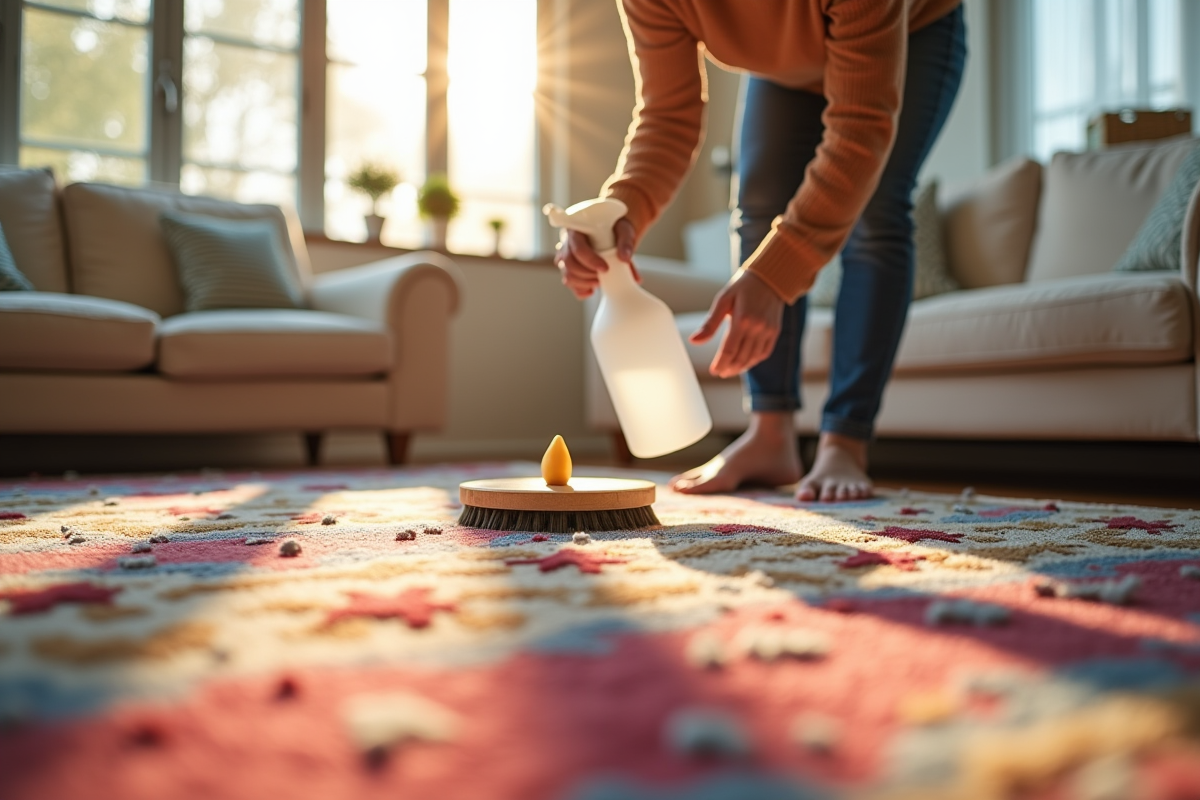 Personne nettoyant un tapis berbere coloré dans un salon lumineux