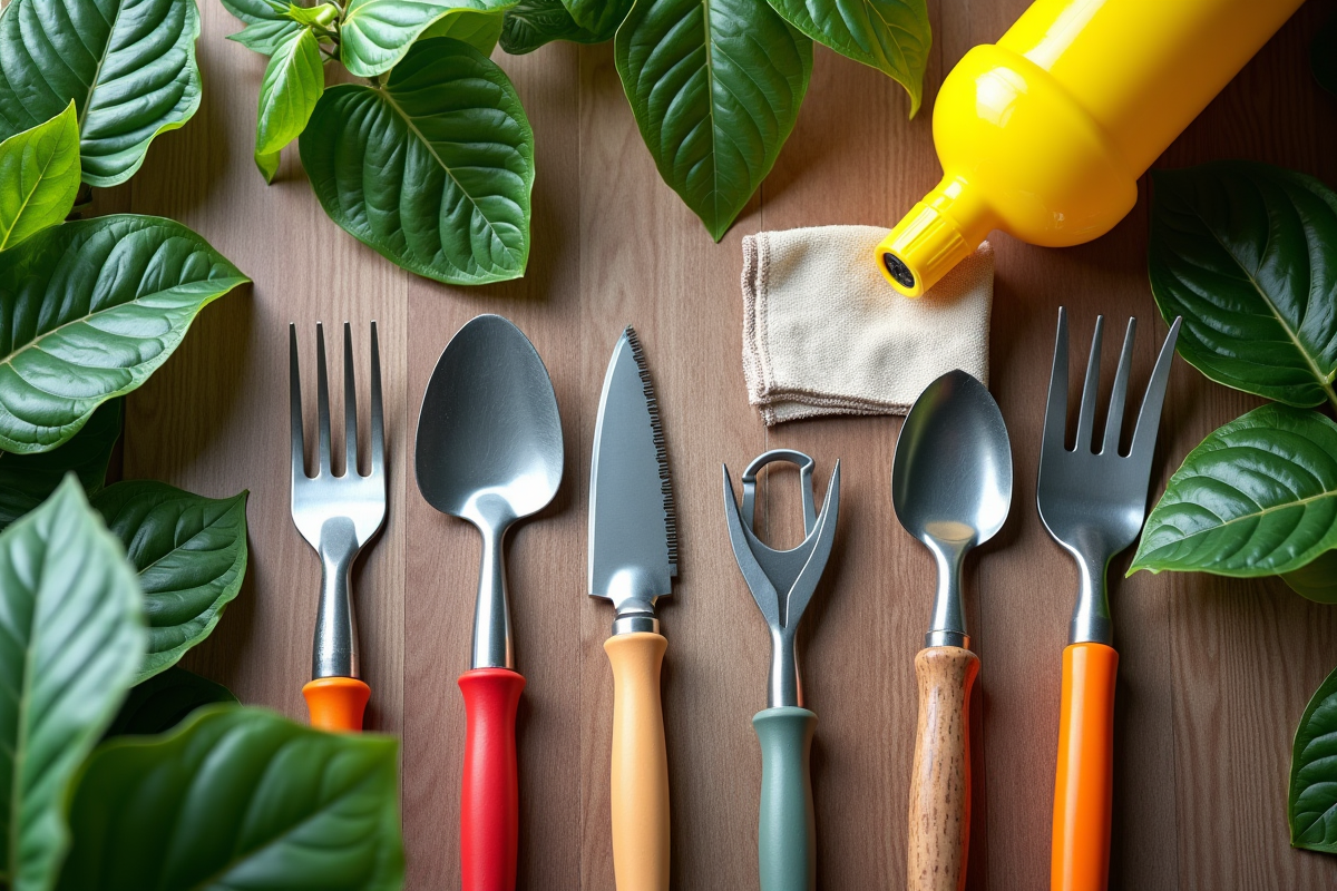 Outils de jardinage rangés sur une table en bois propre avec feuilles vertes