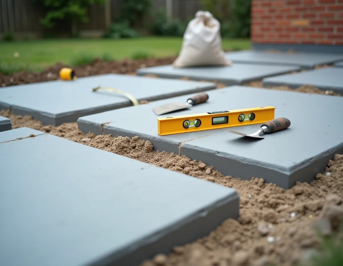 Outils de pose de dalles et niveau à bulle posés sur une terrasse en cours d'installation DIY