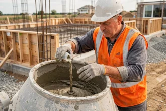 Ouvrier ajoutant un adjuvant liquide dans une bétonnière sur un chantier de construction