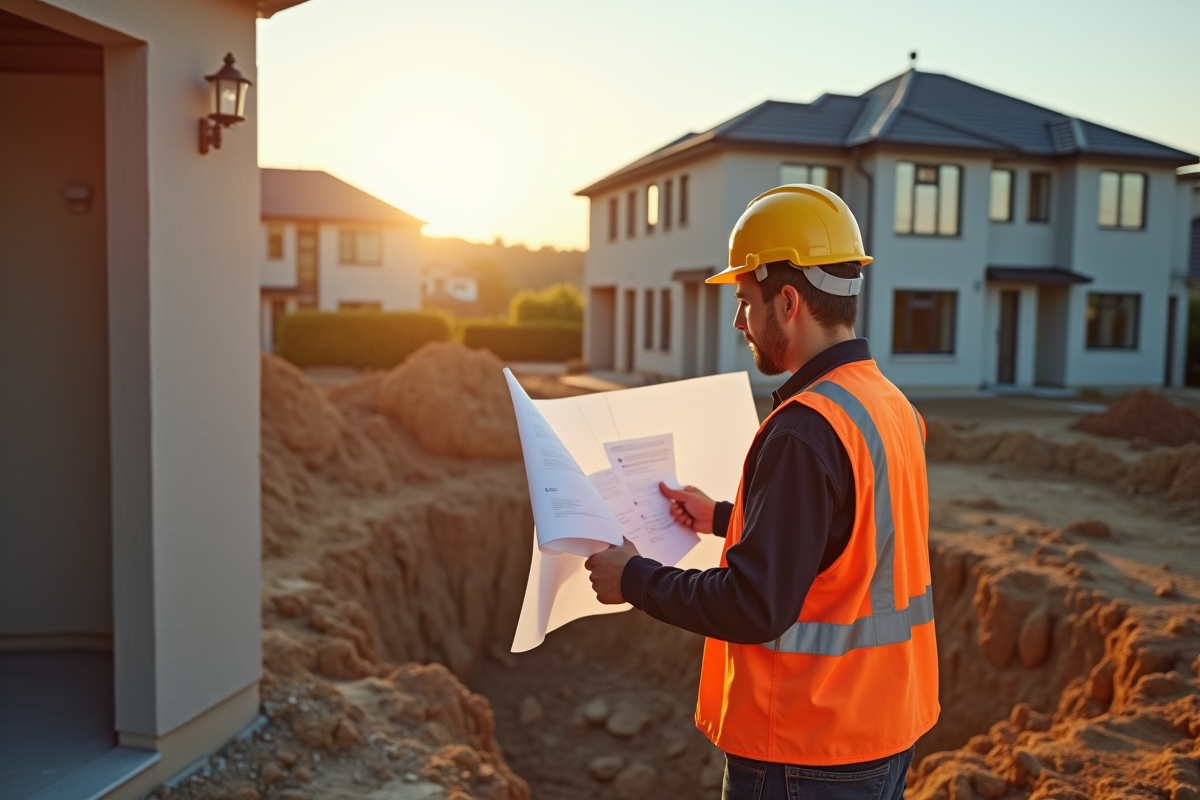 Ouvrier en sécurité examinant des plans près d'une maison en construction