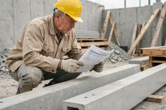 Ouvrier de chantier analysant un devis de poutrelles hourdi sur un site de construction en béton