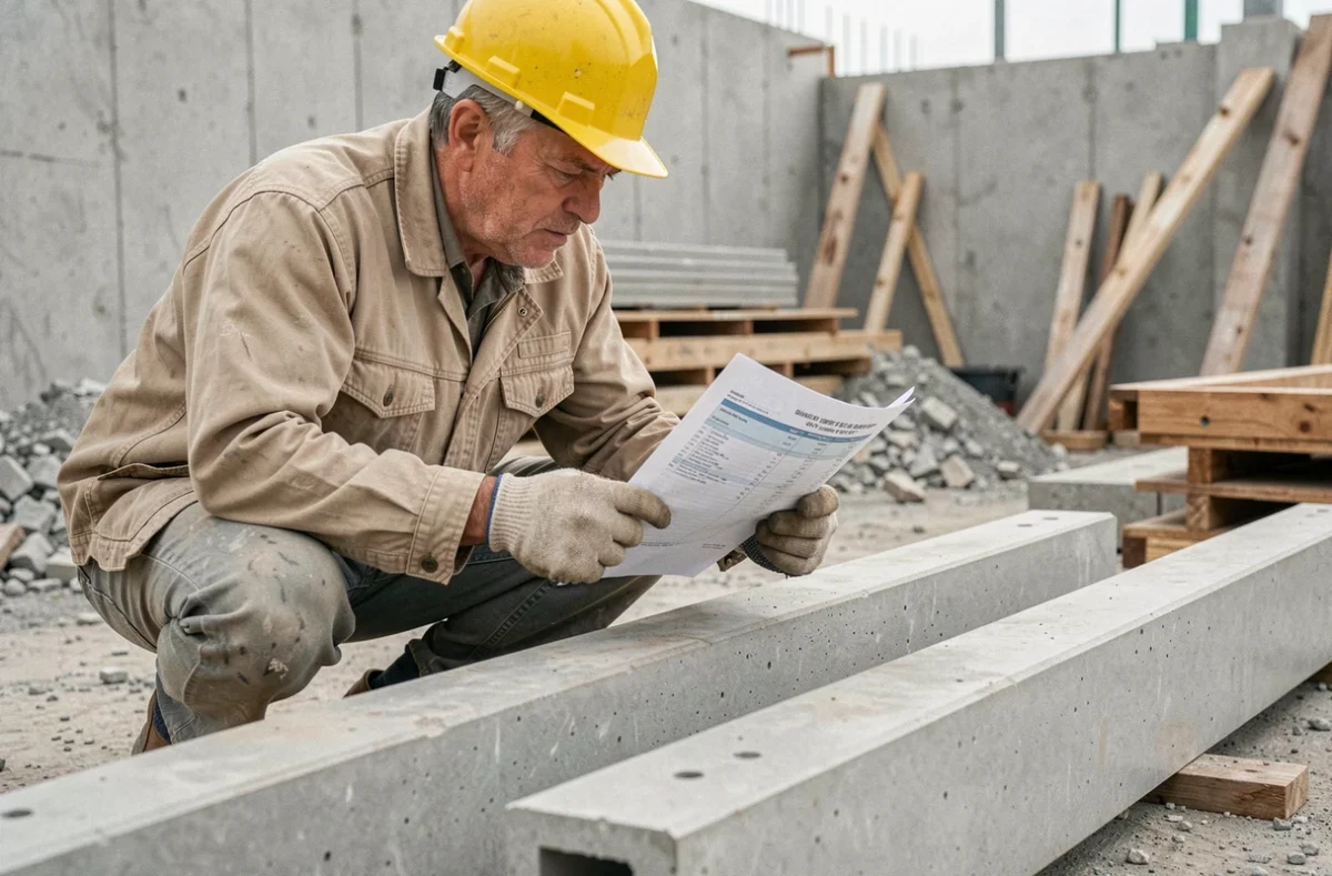 Ouvrier de chantier analysant un devis de poutrelles hourdi sur un site de construction en béton