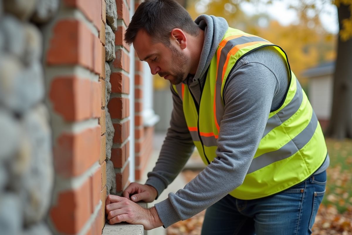 Ouvrier mesurant l'isolation d'une maison