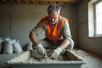 Ouvrier du b&acirc;timent m&eacute;langeant du mortier pour une chape traditionnelle dans un chantier de r&eacute;novation int&eacute;rieure