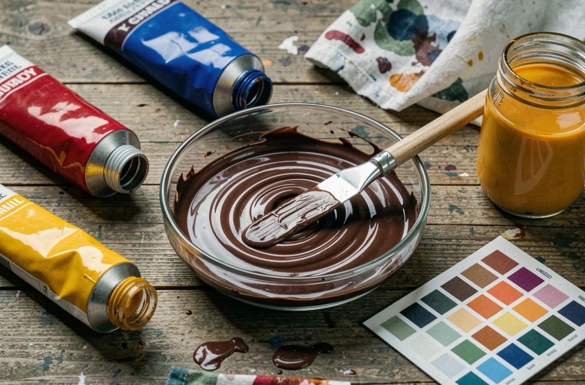 Palette de peinture à l'huile avec mélange de couleurs primaires formant du marron, tubes et couteau à palette