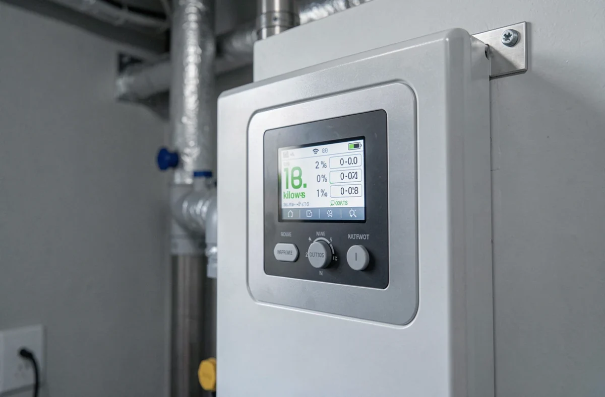 Panneau de contrôle d'une chaudière électrique affichant la puissance en kilowatts pour le chauffage central