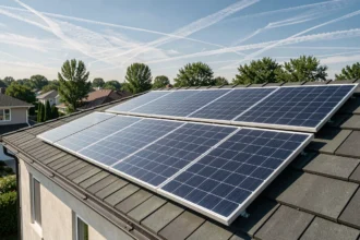Installation de panneau solaire 3000W sur le toit d'une maison familiale moderne en banlieue