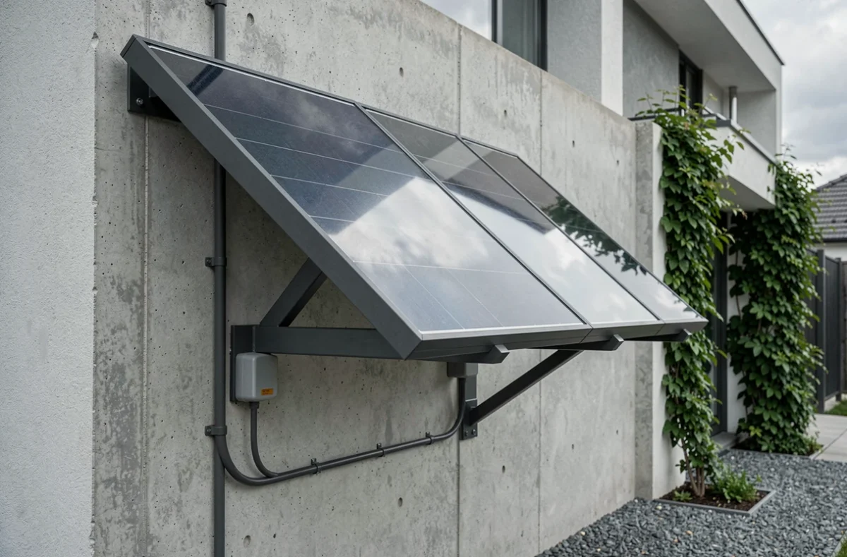 Panneau solaire installé sur support mural en métal fixé à une façade en béton de maison moderne