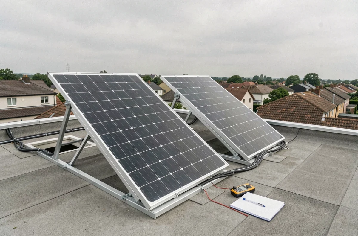Panneaux solaires monocristallins installés sur un toit résidentiel avec câblage DC pour recharge batterie 12V