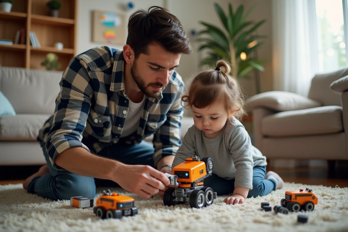 Père et enfant examinant un robot en plastique cassé