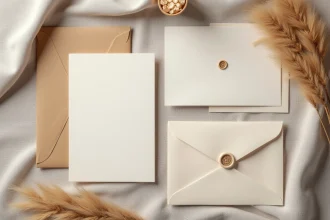 Papeterie de mariage en papier beige disposée en flat lay avec enveloppes kraft, herbes de la pampa séchées et cachet de cire ivoire sur une table en bois rustique