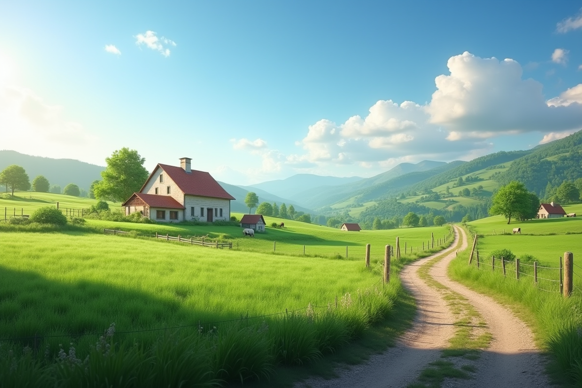 Paysage rural avec ferme champs et animaux sous ciel bleu
