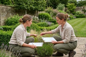 Paysagiste professionnelle examinant les plantations d'un jardin résidentiel en toutes saisons avec un plan d'aménagement