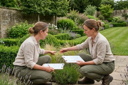 Paysagiste professionnelle examinant les plantations d'un jardin résidentiel en toutes saisons avec un plan d'aménagement