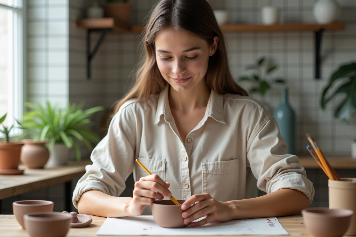 Jeune femme peignant un bol en argile dans son atelier cosy
