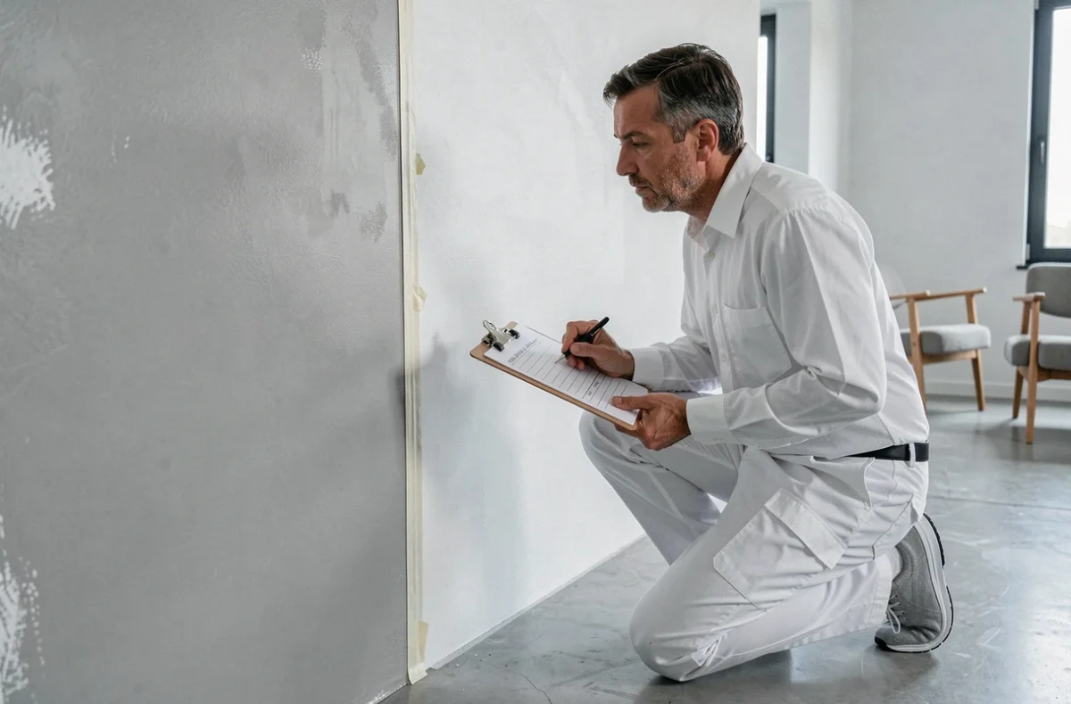 Peintre professionnel examinant deux échantillons de peinture murale côte à côte dans un appartement moderne, peinture écologique mate versus peinture classique lisse, devis en main