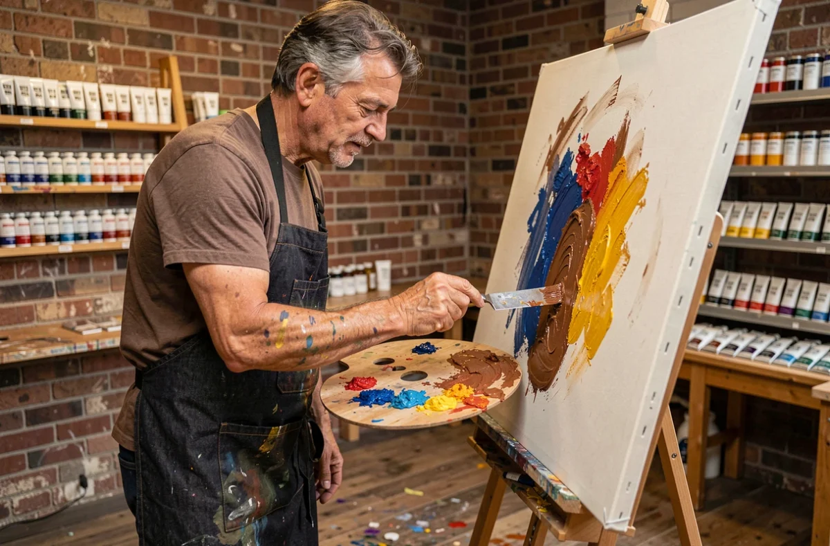 Artiste mélangeant des peintures à l'huile rouge, bleue et jaune pour créer du marron sur une toile