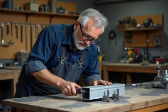 Artisan perçant un tube en aluminium rectangulaire fixé dans un étau sur un établi d'atelier