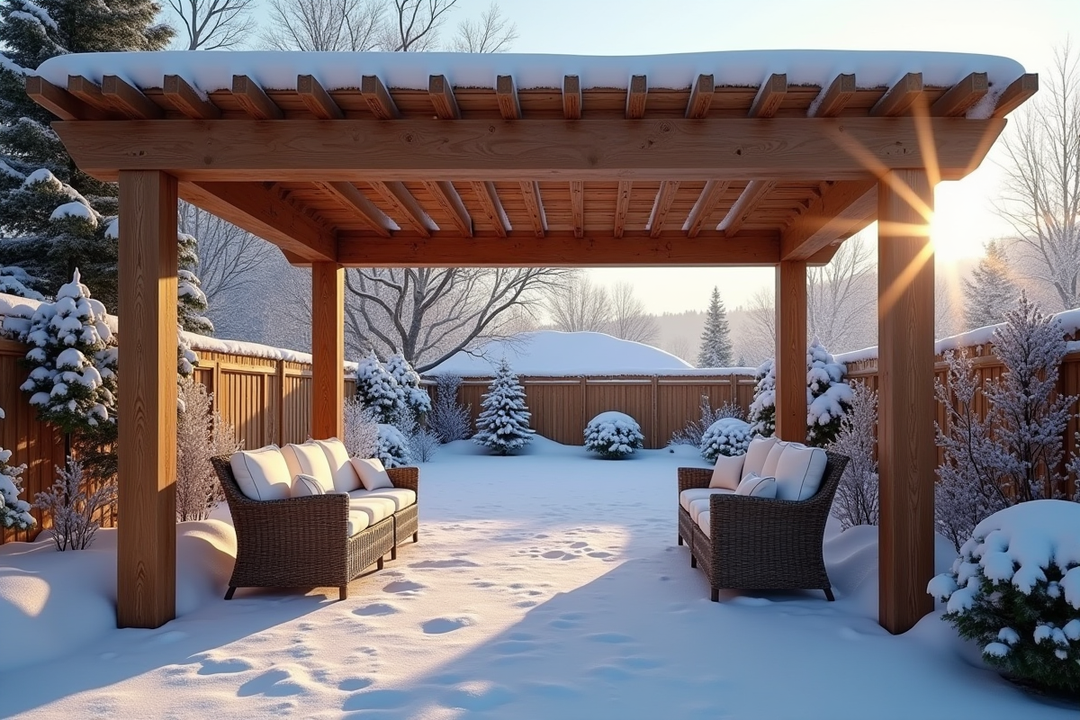 Pergola en bois enneigée dans un jardin d'hiver calme