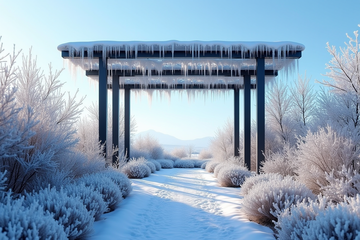 Pergola en metal entourée de plantes givrées en hiver