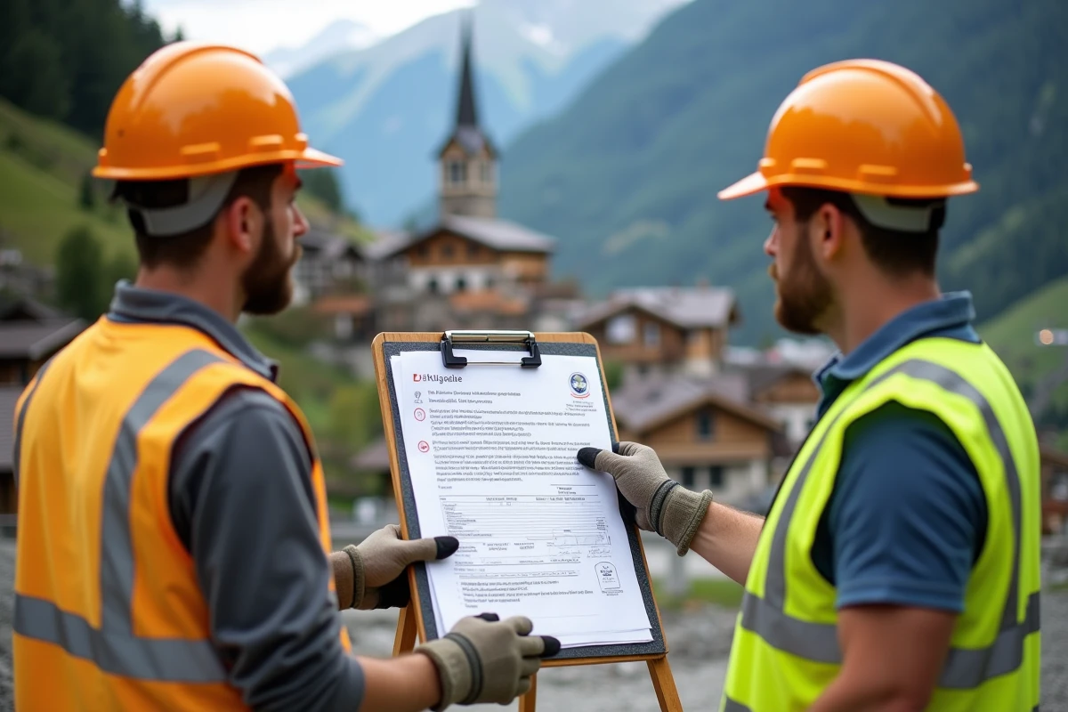 Deux ouvriers consultant un permis de construire sur un chantier de chalet en zone montagnarde avec village alpin en arrière-plan