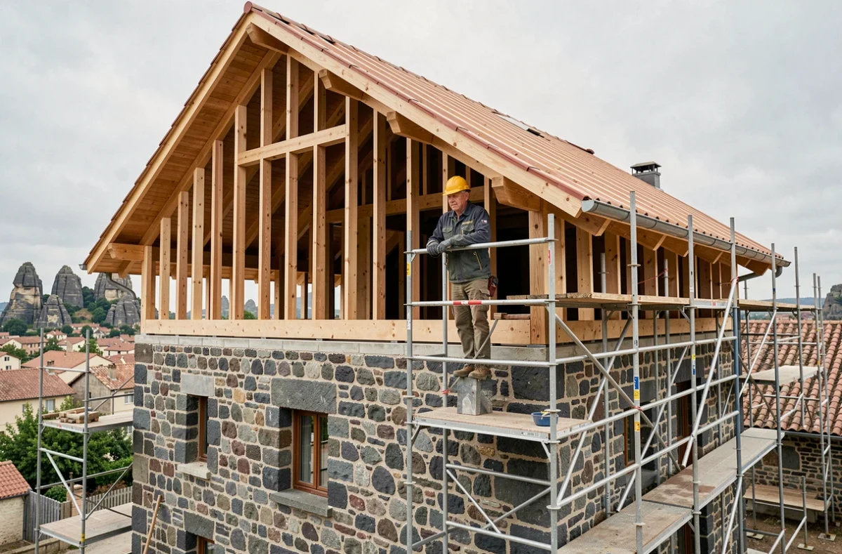 Spécialiste de Pierre Et Bois Industrie sur un échafaudage lors d'une surélévation de maison au Puy-en-Velay