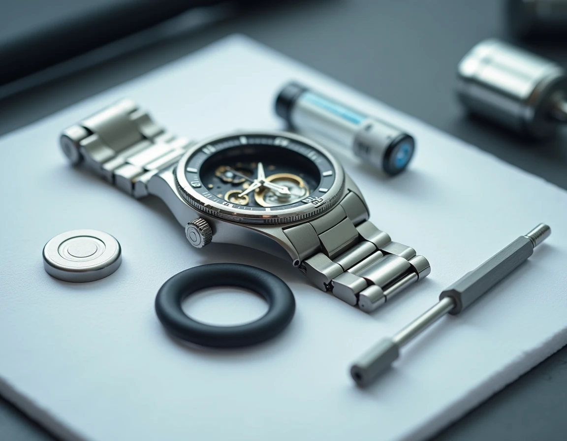 Montre waterproof démontée avec pile CR2032, joint torique et outils de remplacement posés sur tapis technique blanc