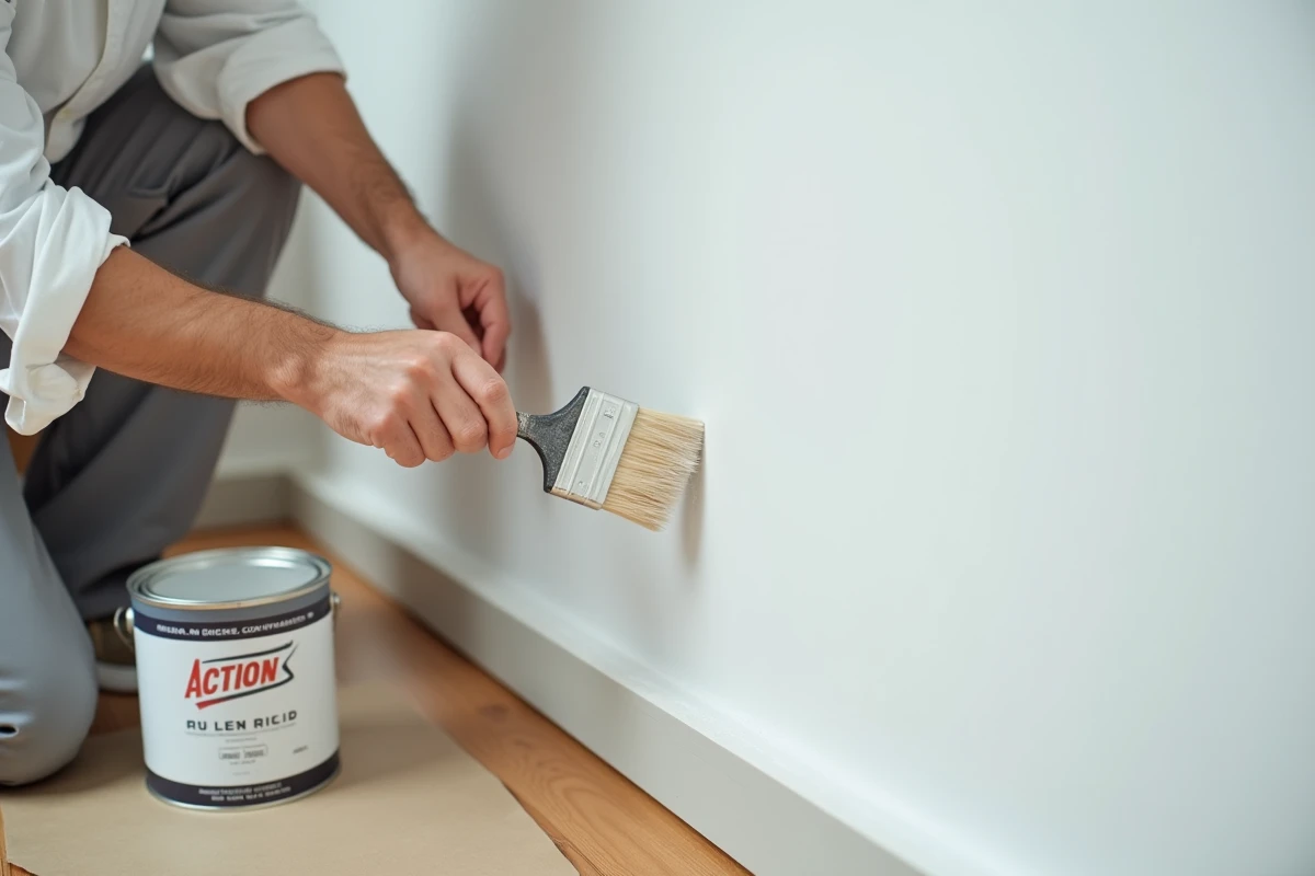 Homme traçant un bord net avec un pinceau et de la peinture blanche Action près du plafond pour éviter les traces