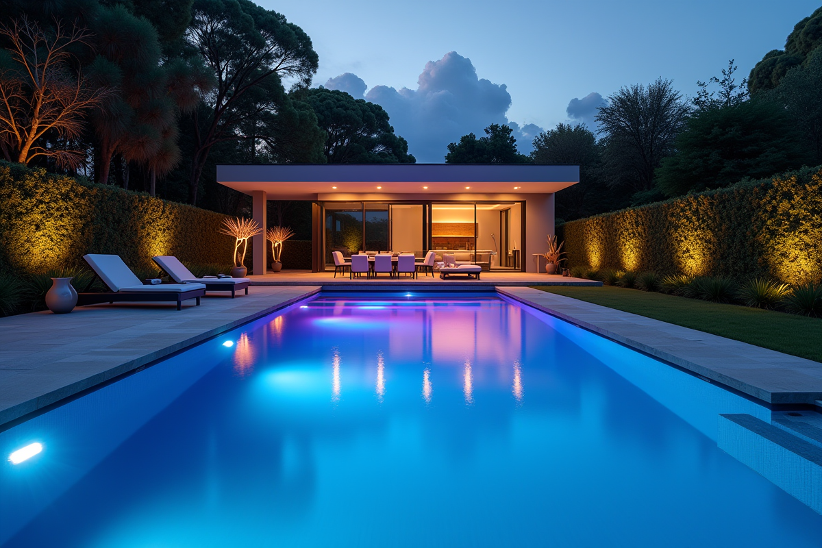 Piscine moderne dans un jardin en soirée avec lumières LED colorées