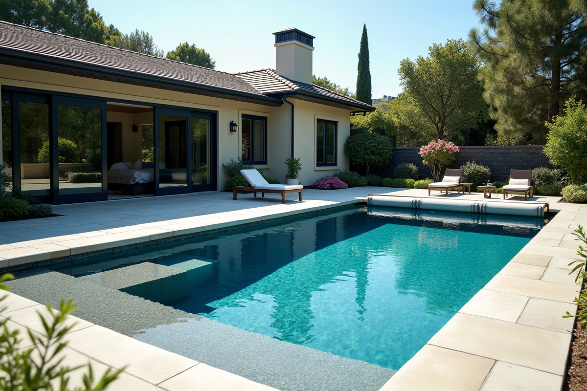 Piscine extérieure moderne avec couverture rétractable à moitié ouverte