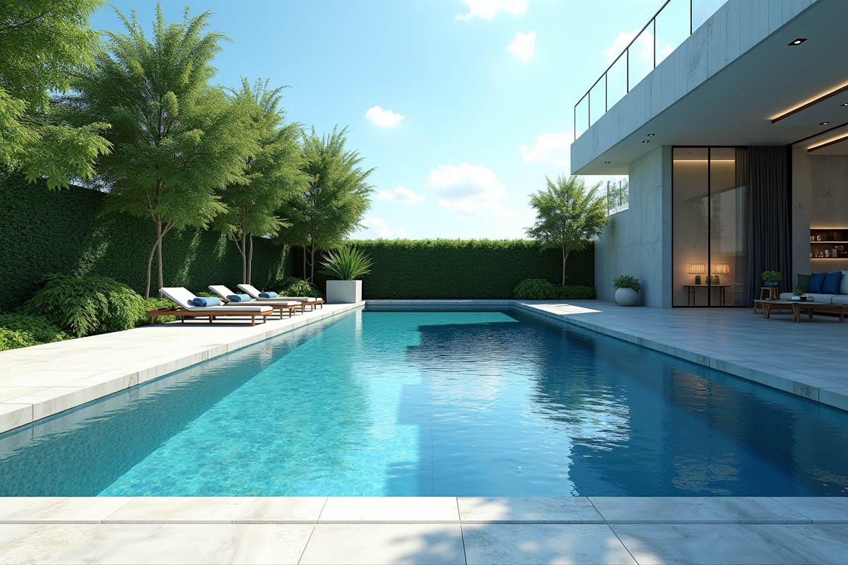 Piscine extérieure moderne avec carrelage élégant et eau réfléchissante