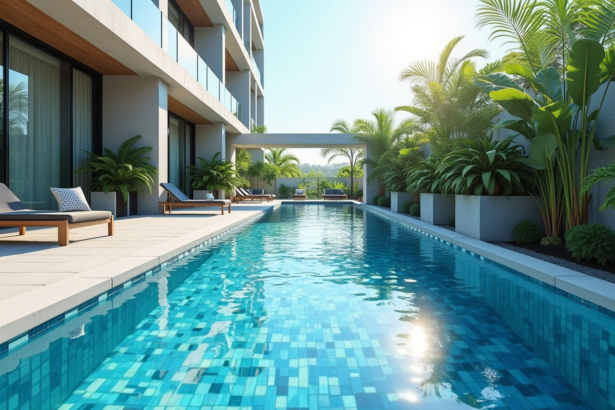 Piscine extérieure moderne avec carrelage bleu et blanc