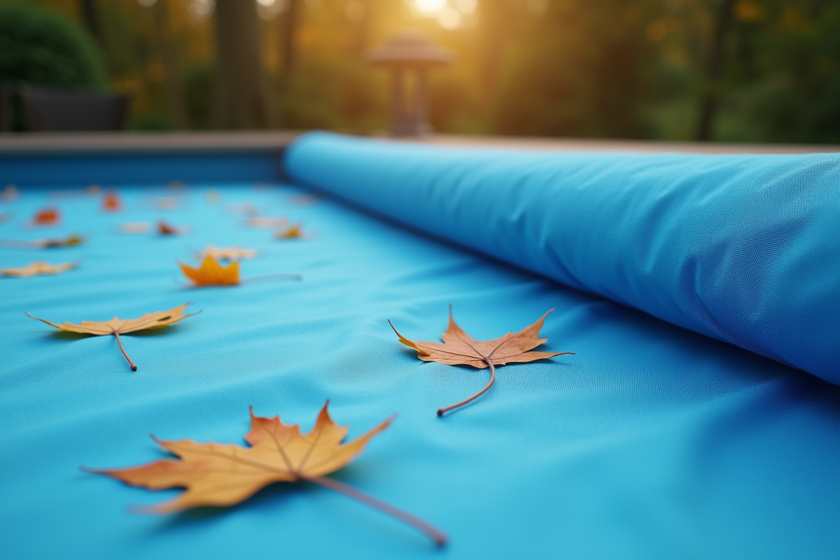 Zoom sur une couverture de piscine bleue avec feuilles d