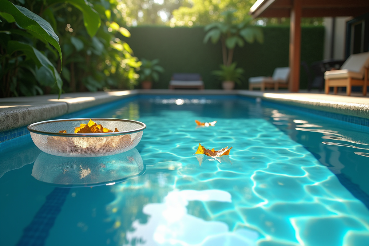 Piscine extérieure entourée de plantes vertes et eau bleue claire