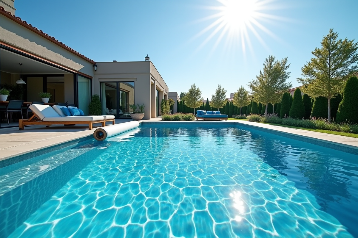Piscine moderne avec couverture automatique partiellement déployée
