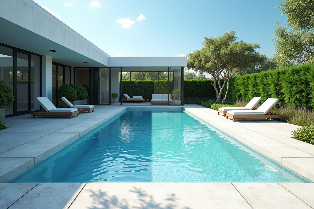 Piscine moderne avec terrasse en béton clair et plantes vertes