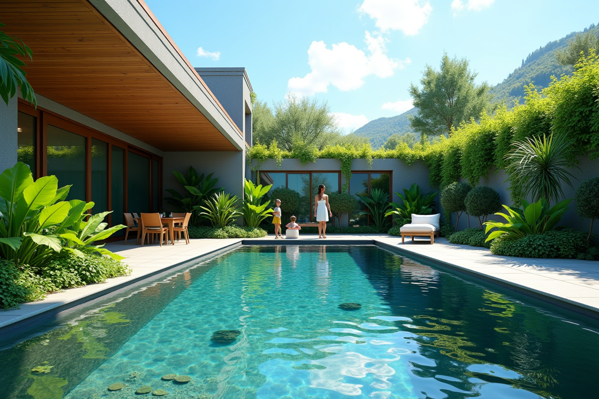 Piscine naturelle dans un jardin avec plantes vertes et famille