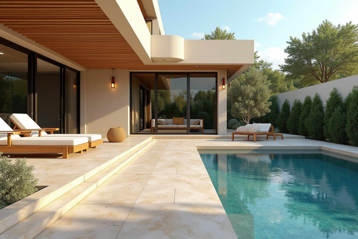 Piscine avec dalle en pierre naturelle et pergola ombragee