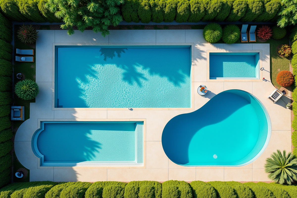 Vues aériennes de piscines résidentielles dans jardins suburbains