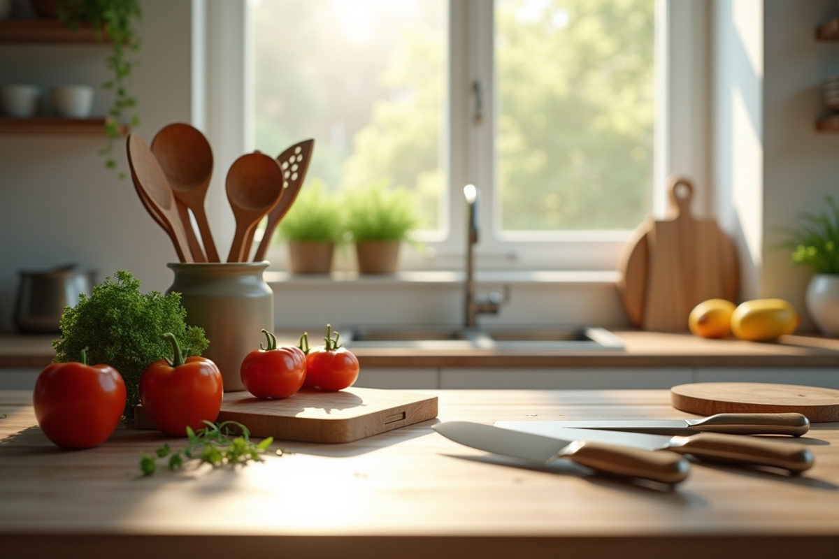 Plan de travail moderne avec ustensiles et légumes frais