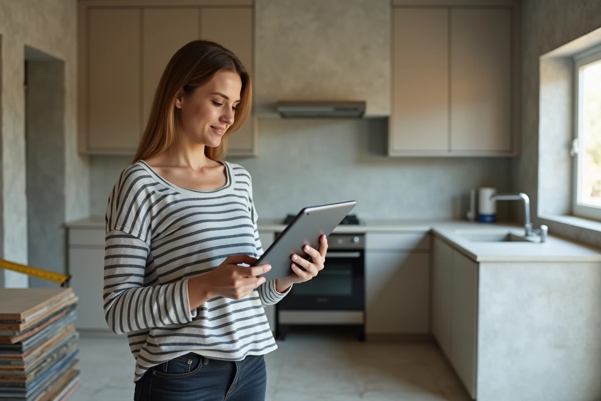 Femme consultant un outil de planification de rénovation sur tablette dans une cuisine en cours de travaux