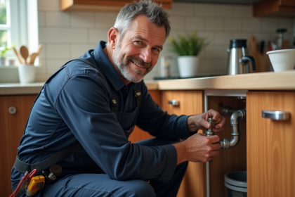 Plombier homme en tenue dans une cuisine en train de serrer un tuyau