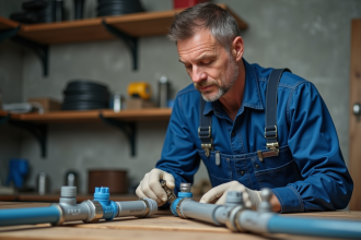 Plombier homme en bleu examine deux tuyaux PEX et PER