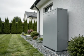 Pompe à chaleur air-eau installée sur la façade extérieure d'une maison contemporaine avec jardin soigné