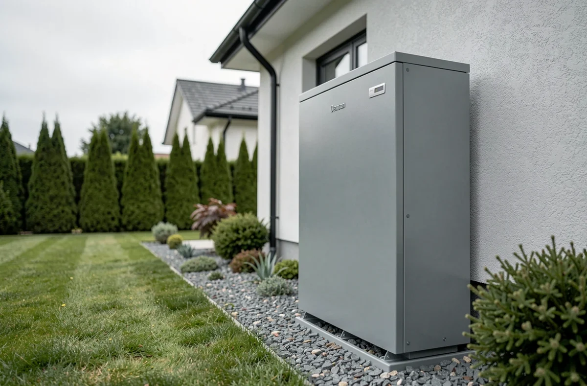 Pompe à chaleur air-eau installée sur la façade extérieure d'une maison contemporaine avec jardin soigné