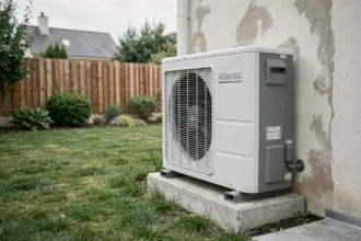 Pompe à chaleur Atlantic 16 kW installée sur la façade extérieure d'une maison résidentielle moderne