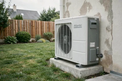 Pompe à chaleur Atlantic 16 kW installée sur la façade extérieure d'une maison résidentielle moderne