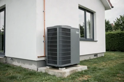 Pompe à chaleur air-air installée sur la façade extérieure d'une maison de 200 m²